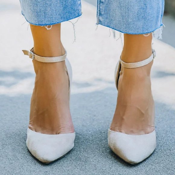 NEW MaryJane Ankle Strap Pointed Toe Chunky Heels Faux Suede Nude Size 10 NWT - Picture 8 of 10